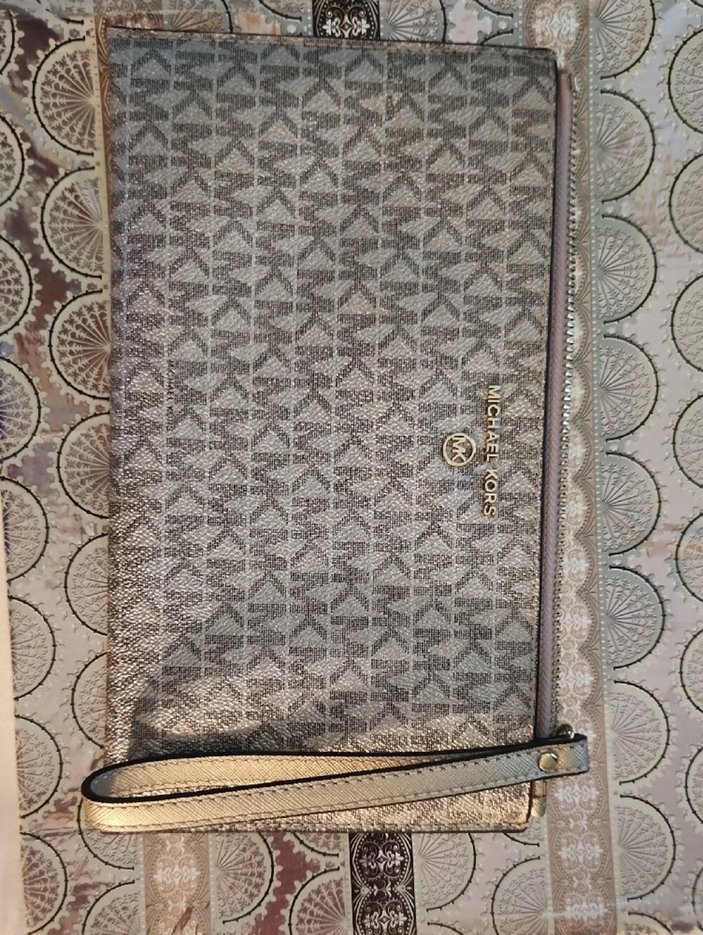 Michael Kors Gray Monogram Wristlet Clutch with Gold Accents